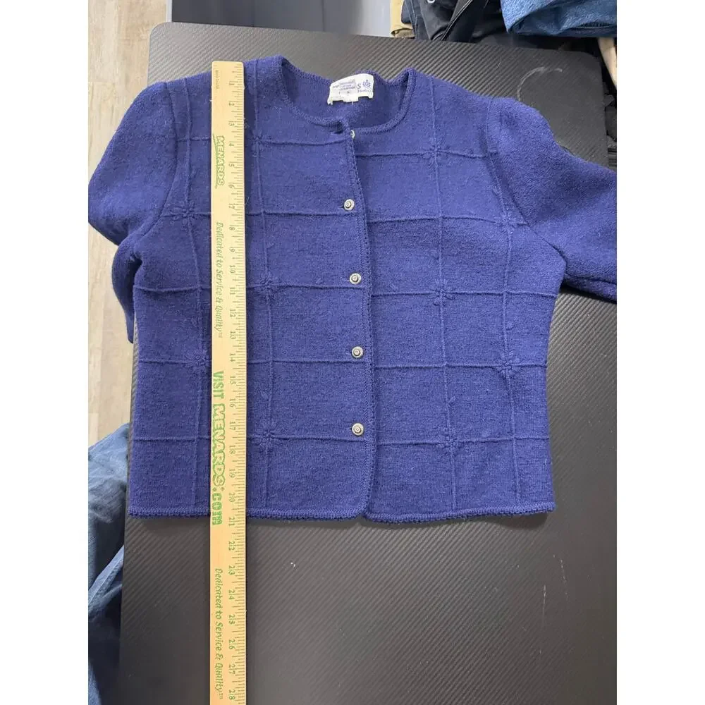 Vintage Deans of Scotland 100% Wool Knit Cardigan Navy Blue Floral Size Small - Picture 6 of 10